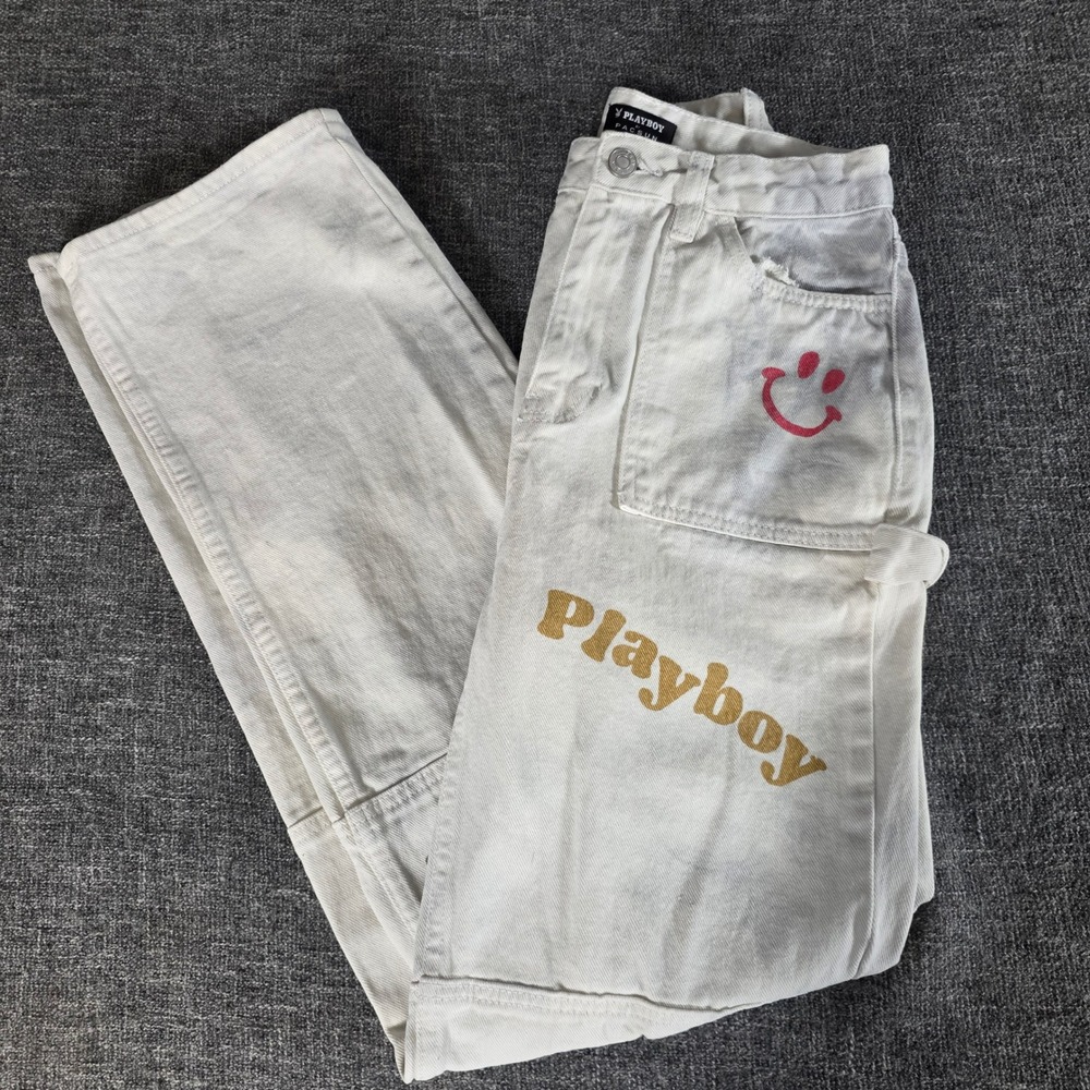 Playboy by PacSun Womens 25 Carpenter Jeans White Graphic Y2K Baggy Utility